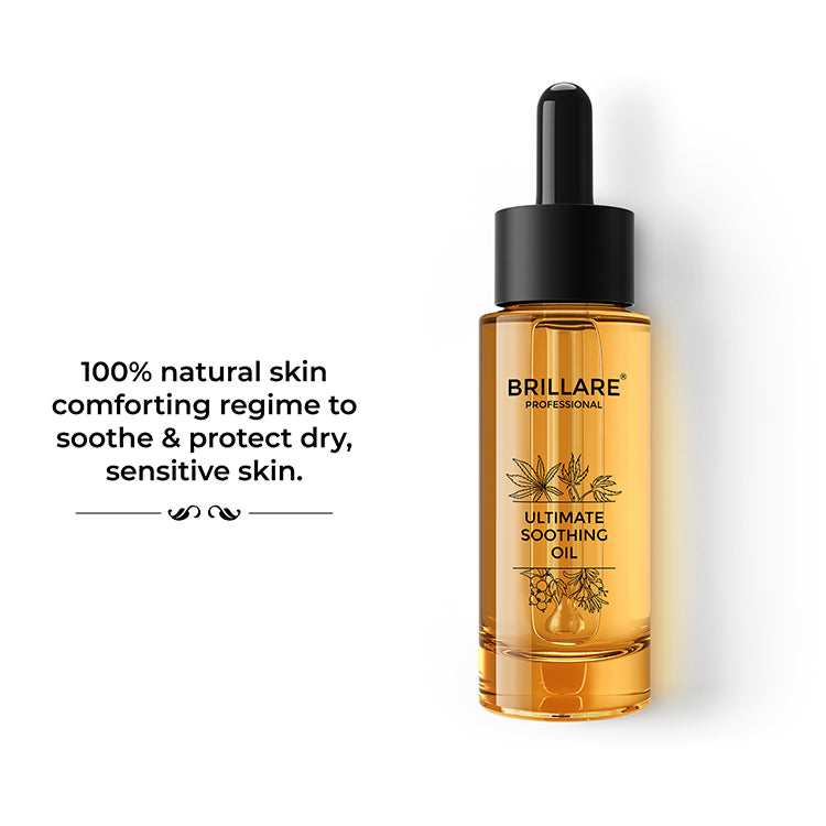 Brillare professional Ultimate soothing oil with side text include: 100% natural skin comforting regime to soothe & protect dry sensitive skin.