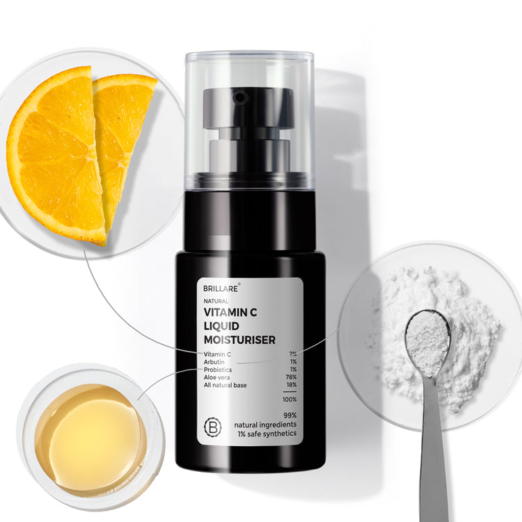 front view of Brillare Vitamin C Liquid Moisturiser with its key ingredients against white background.
