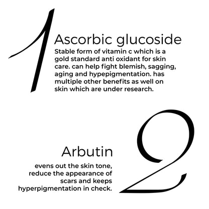 Vitamin C Liquid Moisturiser actives in text include: Ascorbic glucoside &amp; Arbutin.