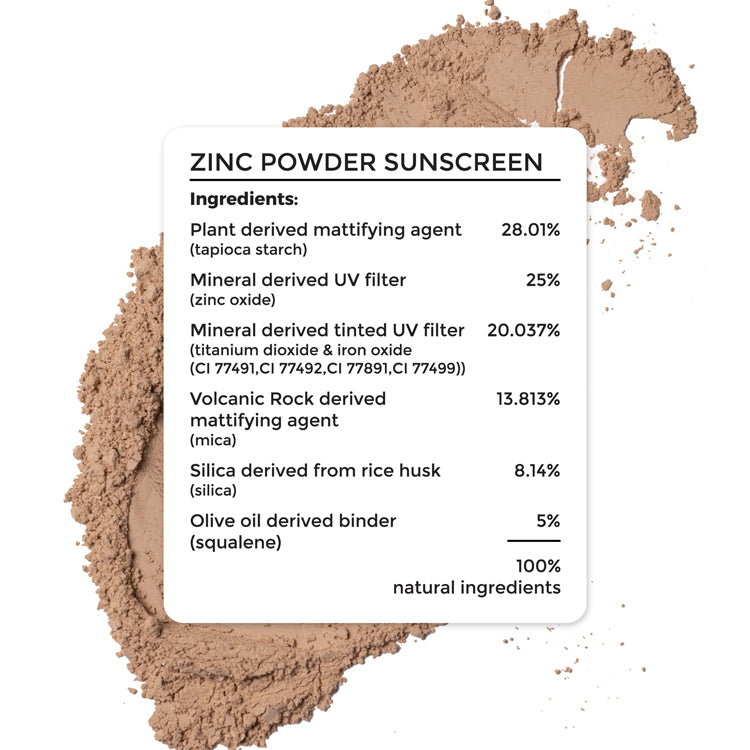 complete ingredient list of Brillare Zinc Powder Sunscreen. 100% natural ingredients.