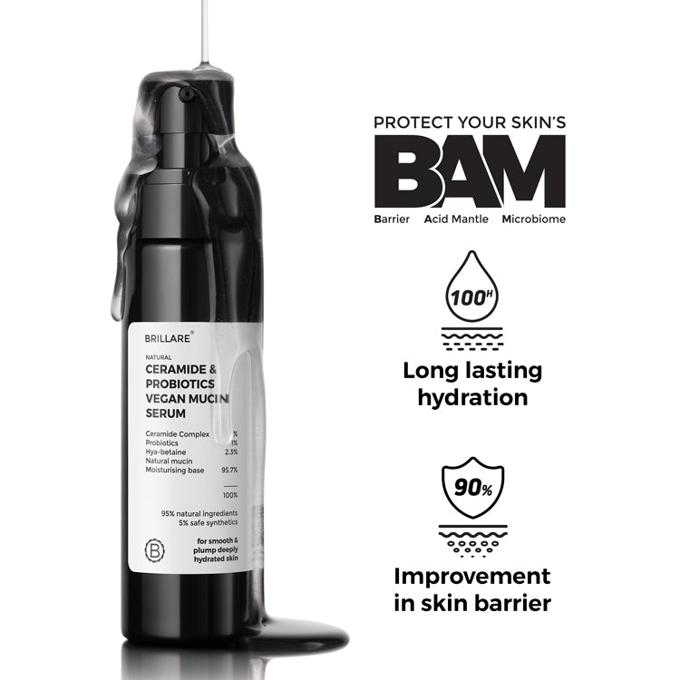 Brillare Ceramide &amp; Probiotics Vegan Mucin Serum with side text include long lasting hydration and improvement in skin barrier. 