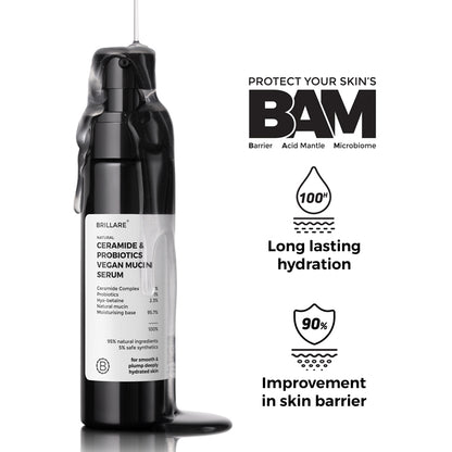Brillare Ceramide &amp; Probiotics Vegan Mucin Serum with side text include long lasting hydration and improvement in skin barrier. 