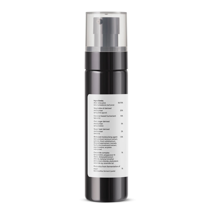 back side label image of Brillare Ceramide &amp; Probiotics Vegan Mucin Serum. Full ingredient list mentioned on the label.