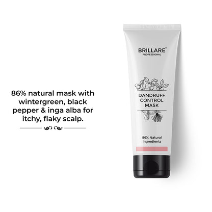 Brillare Professional Dandruff Control Mask with the side text include: 86% natural mask with wintergreen, black pepper &amp; inga alba for itchy, flaky scalp.