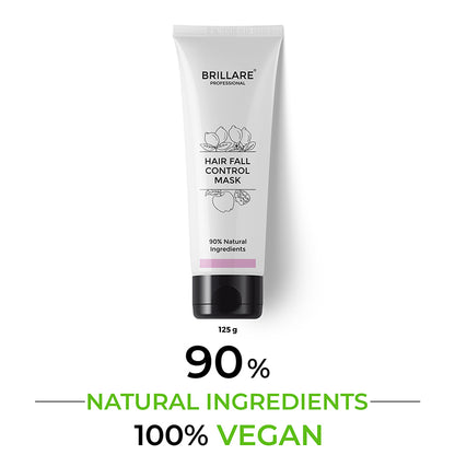 Brillare Professional Hair Fall Control Mask with the text include: 90% natural ingredients, 100% vegan and 125g