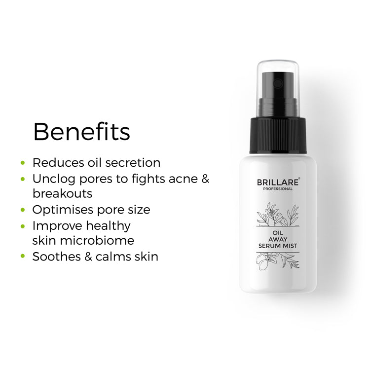Brillare Professional Oil Away Serum Mist with the side text Benefits include: reduces oil secretion, unclog pores to fight acne &amp; breakouts, optimises pore size, improve healthy skin microbiome, soothes &amp; calms skin.