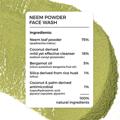 ingredient list of Brillare Neem Powder Face Wash, 100% natural ingredients.