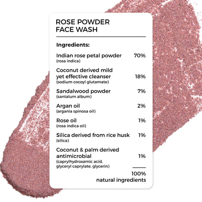 ingredient list of Brillare Rose Powder Face Wash, 100% natural ingredients.