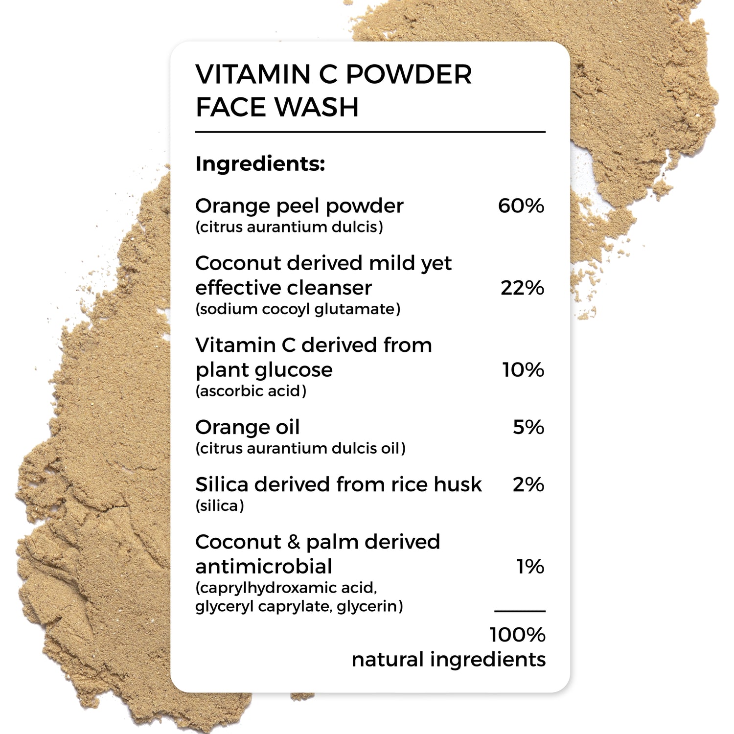 ingredient list of Brillare Vitamin C Powder Face Wash, 100% natural ingredients.