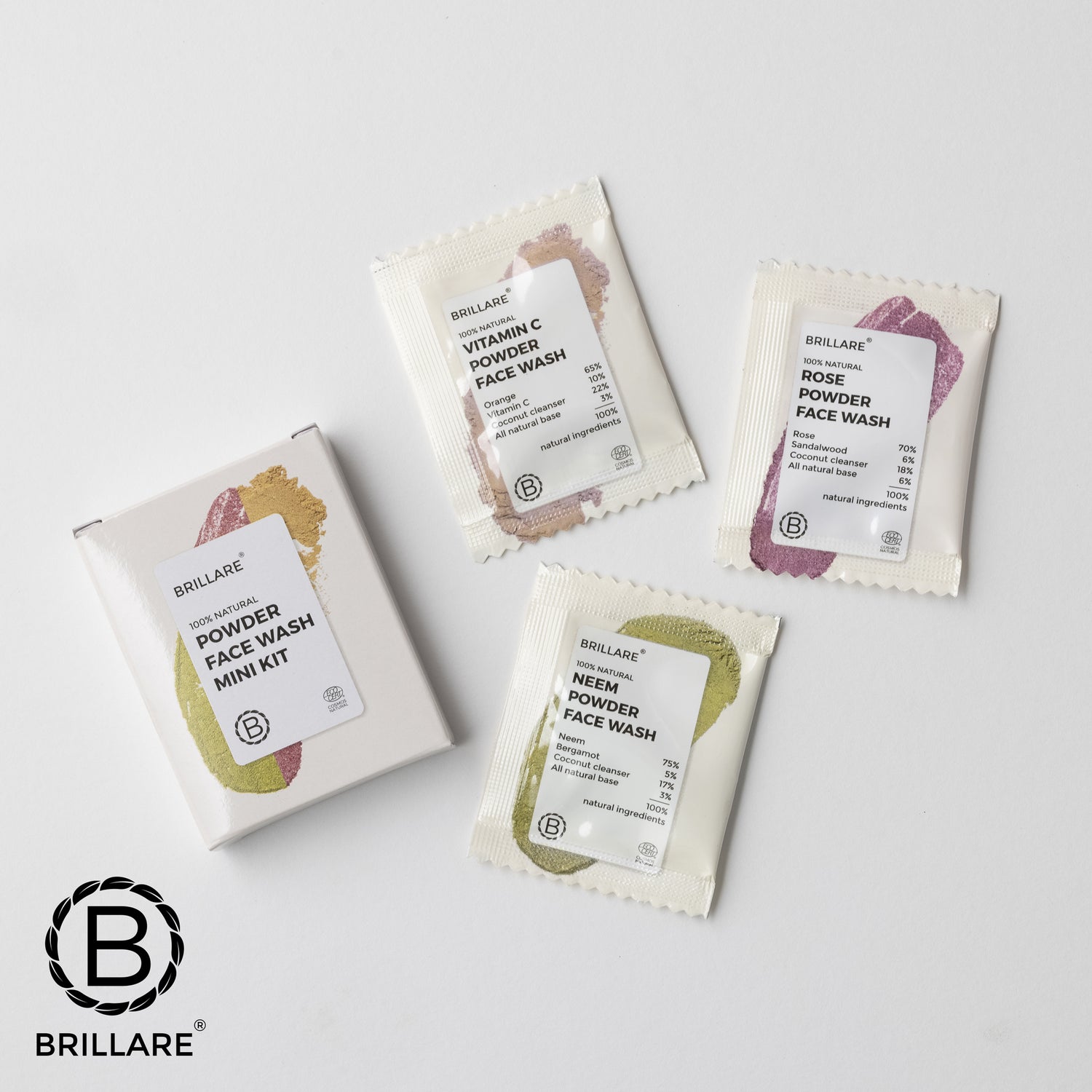 Brillare Powder Face Wash Mini Kit outer box with 3 sachets of powder face wash with Brillare Logo