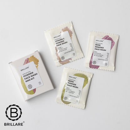 Brillare Powder Face Wash Mini Kit outer box with 3 sachets of powder face wash with Brillare Logo