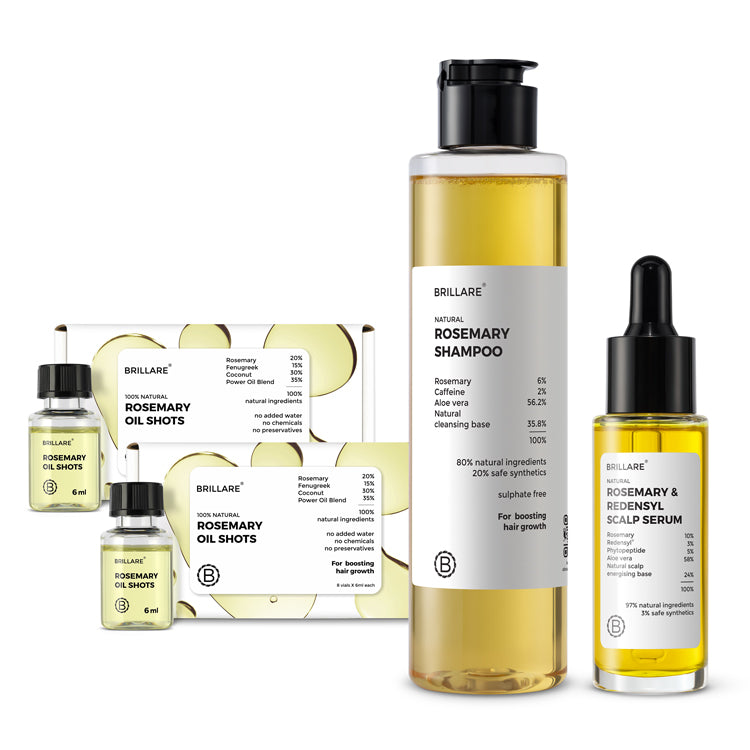 Brillare 100% Natural Rosemary Hair Care Combo –- Oil Shots, Redensyl Scalp Serum &amp; Sulphate-Free Rosemary Shampoo for Hair Growth