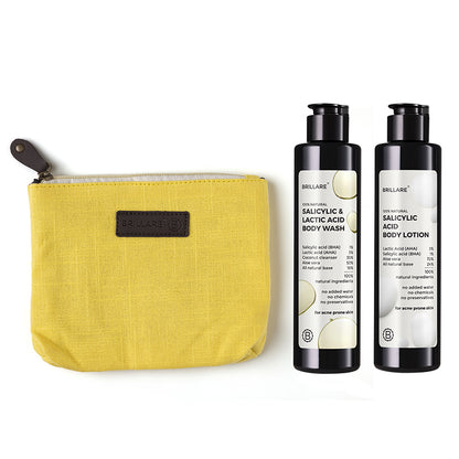 front view of Brillare Salicylic &amp; Lactic Acid Body Wash, Salicylic Acid Body Lotion and Yellow Travel Pouch against white background.