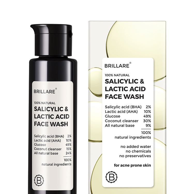 Image of Brillare Salicylic & Lactic Acid Face Wash with its outer box. Ingredients mentioned on the product label and outer box.