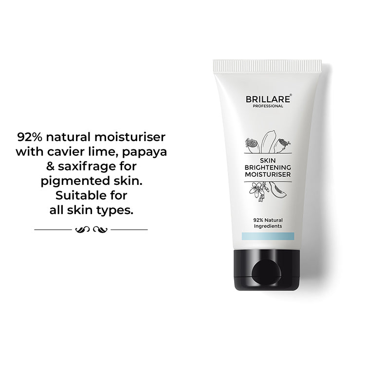 Brillare Professional Skin Brightening Moisturiser with the side text include: 92% natural moisturiser with cavier lime, papaya &amp; saxifrage for pigmented skin. suitable for all skin types.