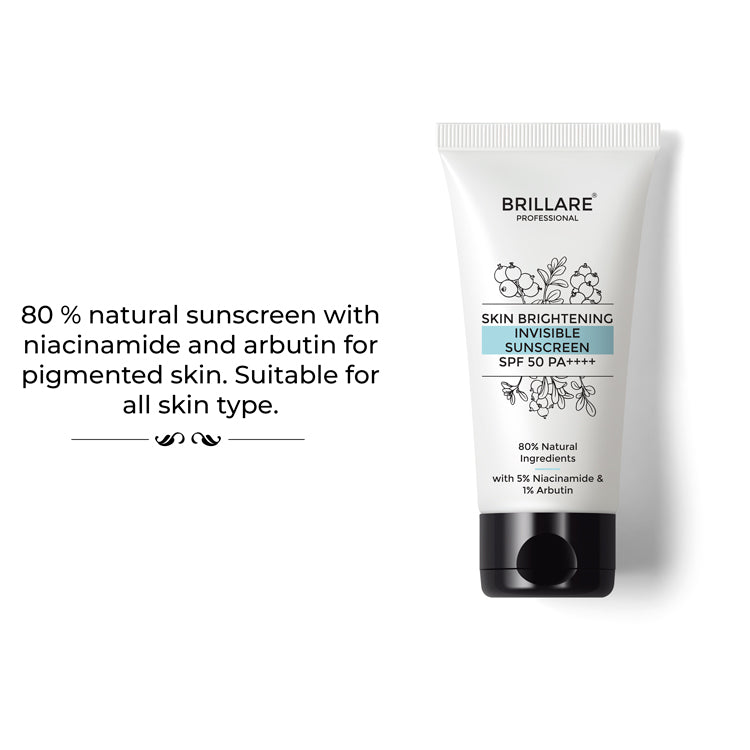 Brillare Professional Skin Brightening Invisible Sunscreen SPF 50 PA++++ with the side text 80% natural sunscreen with niacinamide and arbutin for pigmented skin. suitable for all skin type.