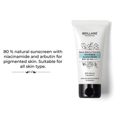 Brillare Professional Skin Brightening Invisible Sunscreen SPF 50 PA++++ with the side text 80% natural sunscreen with niacinamide and arbutin for pigmented skin. suitable for all skin type.
