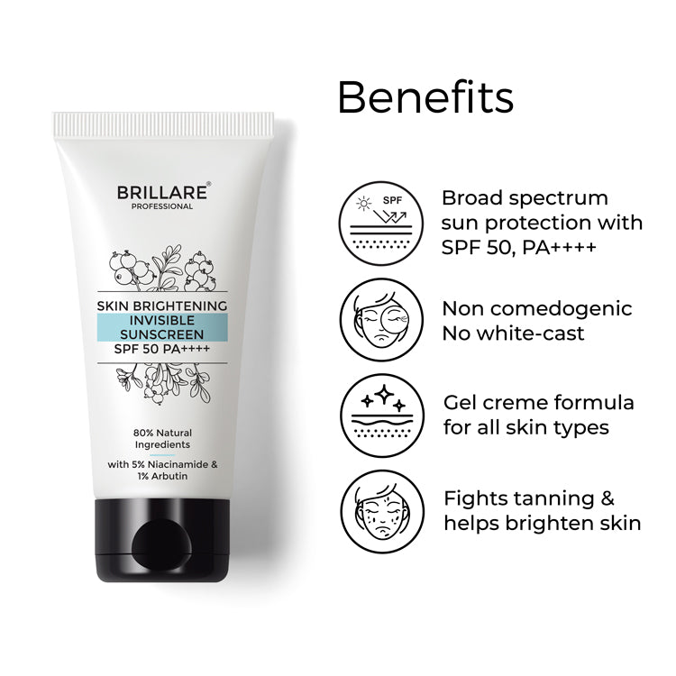Brillare Professional Skin Brightening Invisible Sunscreen SPF 50 PA++++ with the side text include benefits: broad spectrum UVA/UVB protection SPF 50+, non comedogenic no white-cast, gel creme formula for all skin types, fights tanning &amp; helps brighten skin