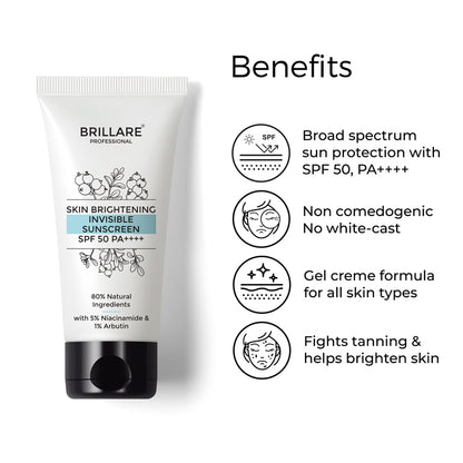 Brillare Professional Skin Brightening Invisible Sunscreen SPF 50 PA++++ with the side text include benefits: broad spectrum UVA/UVB protection SPF 50+, non comedogenic no white-cast, gel creme formula for all skin types, fights tanning &amp; helps brighten skin