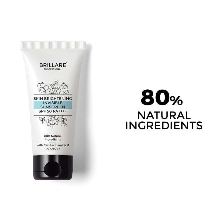 Brillare Professional Skin Brightening Invisible Sunscreen SPF 50 PA++++ with the side text include: 80% natural ingredients.