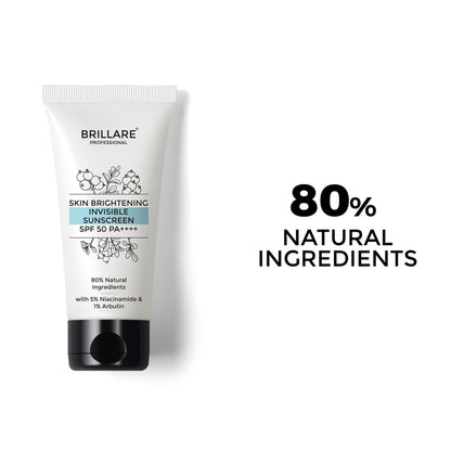 Brillare Professional Skin Brightening Invisible Sunscreen SPF 50 PA++++ with the side text include: 80% natural ingredients.