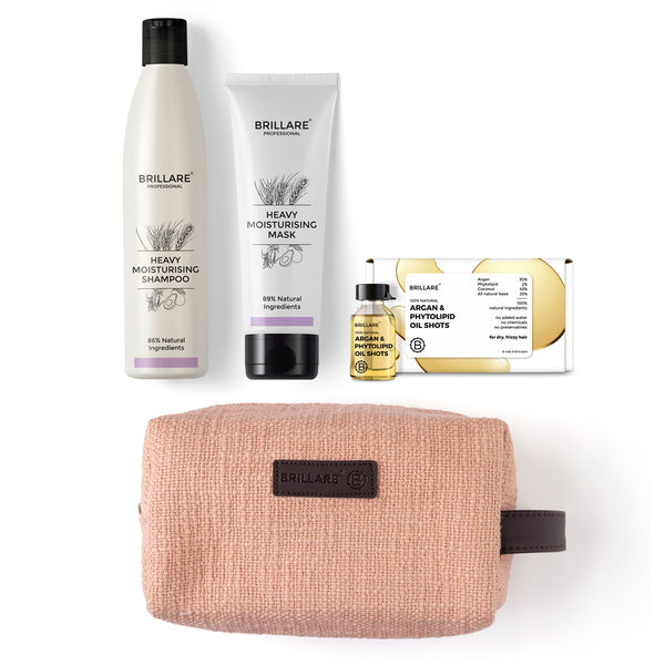 Heavy Moisturising Shampoo, Conditioner & Oil Shots with Pink Pouch Combo