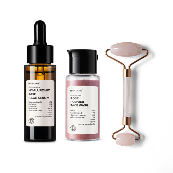 2% Hyaluronic Acid Face Serum & Rose Powder Face Wash (15g) with Jade Roller for youthful Skin